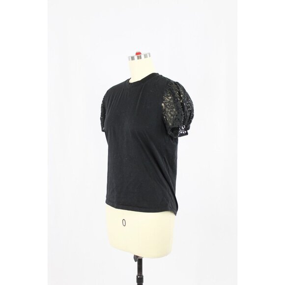 THE KOOPLES Black Cotton Jersey Lace Puff Sleeve Crew Neck T-Shirt Top, Size 1/S - Picture 4 of 11